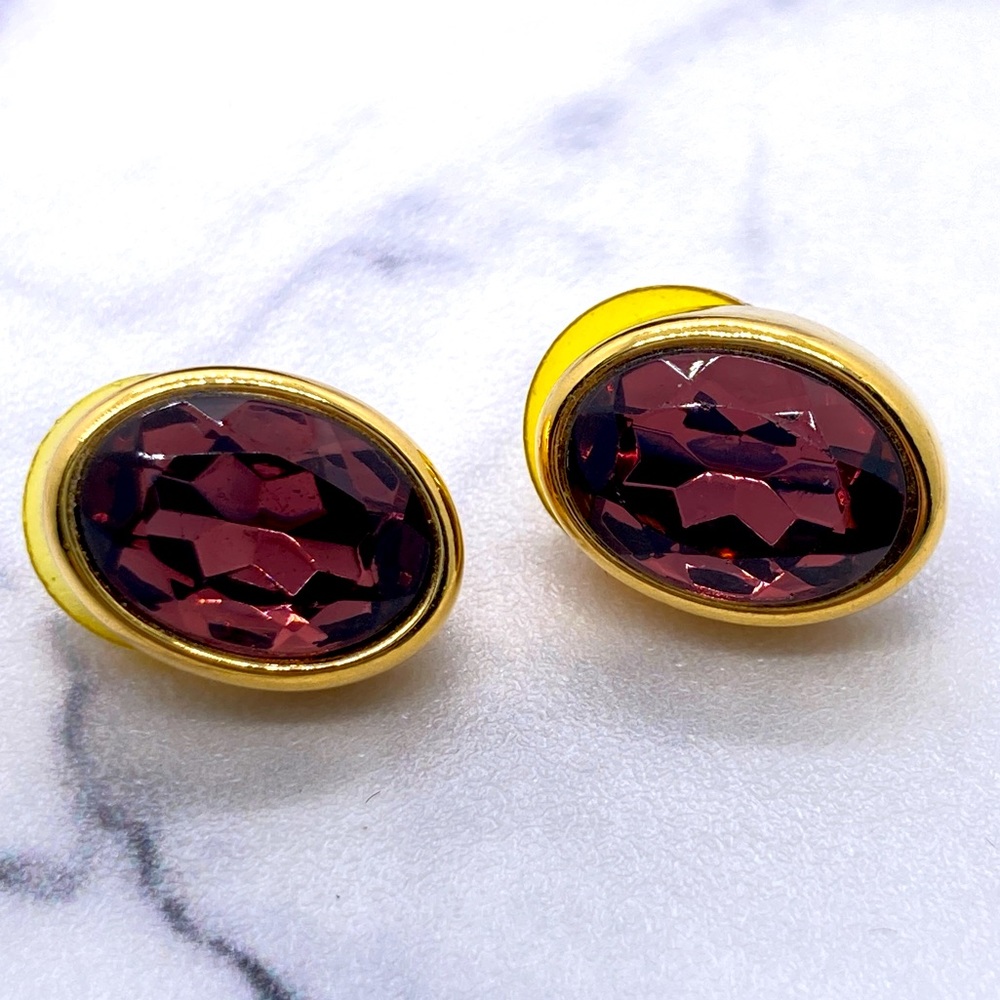 Vintage Evoke Post Back Earrings Gold Tone Purple Faceted Accent Oval Shape